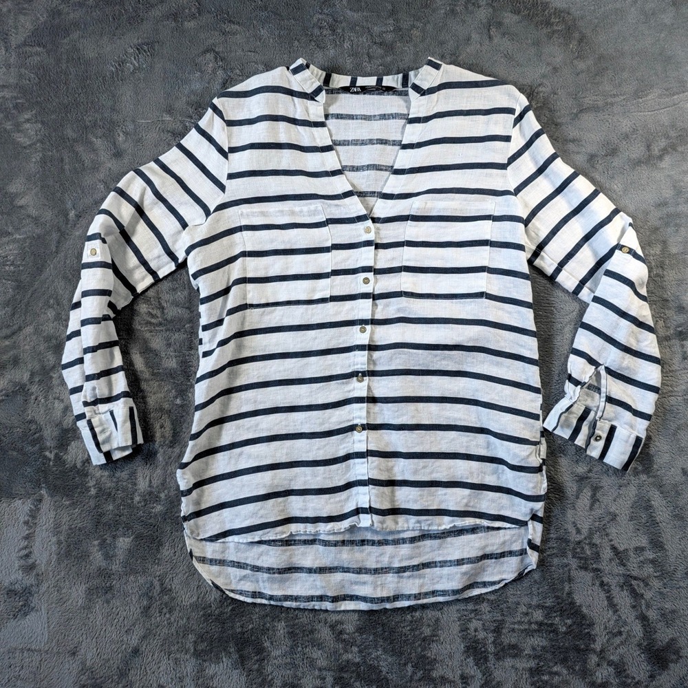 Zara Women Striped Linen Roll Tab Button Down Shirt Small Navy White Coastal